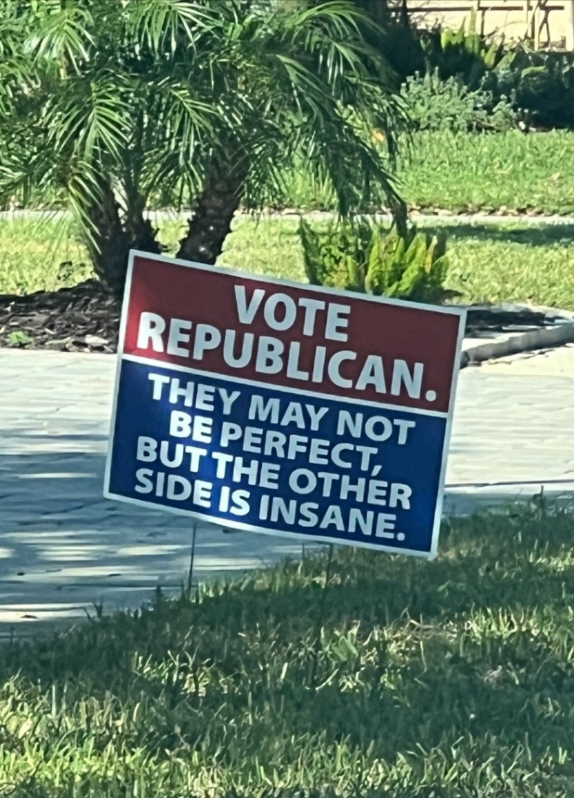 VOTE REPUBLICAN. THEY MAY NOT BE PERFECT, BUT THE OTHER SIDE IS INSANE.